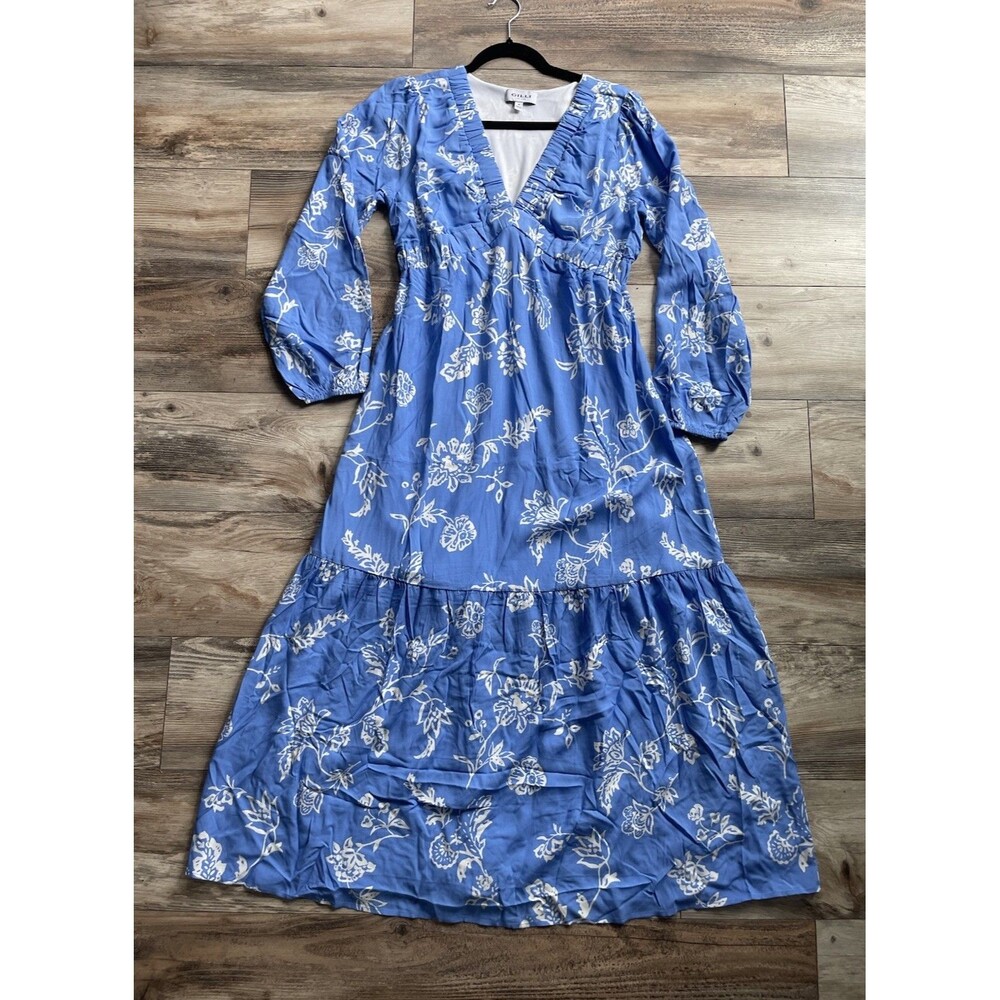New Gilli Floral Midi Dress V-Neck Blue White Size Medium Rayon Summer Casual
